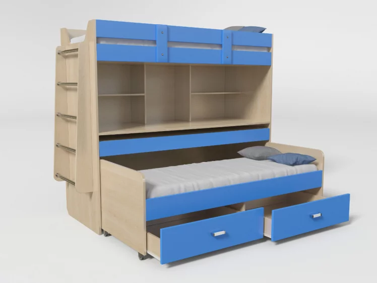 Кровать 2х ярусная №2 с ящиками и столом Дуб молочный/Синий_0