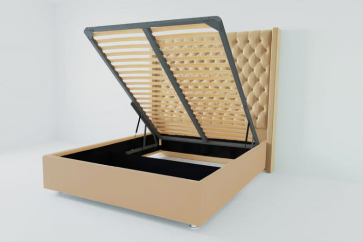 Мягкая интерьерная кровать &куот;Версаль Люкс&куот; с подъемным механизмом Материал фасада: Искусственная кожа; Спальное место: 2000х2000 мм; Цвет фасада: Бежевый; Цвет корпуса: Бежевый / "Версаль Люкс"_0