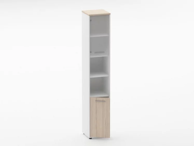 Шкаф 5 узкий верх стеклянная дверь, низ закрытый, две полки открытые Deka 10.23.19Л Туя/Белый_1