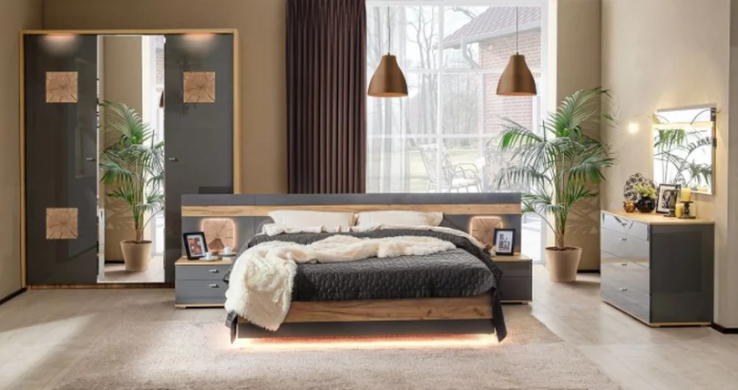 Шкаф четырехстворчатый с 2 зеркалами и декоративными накладками Фиджи 009 Дуб Золотой Антрацит_3