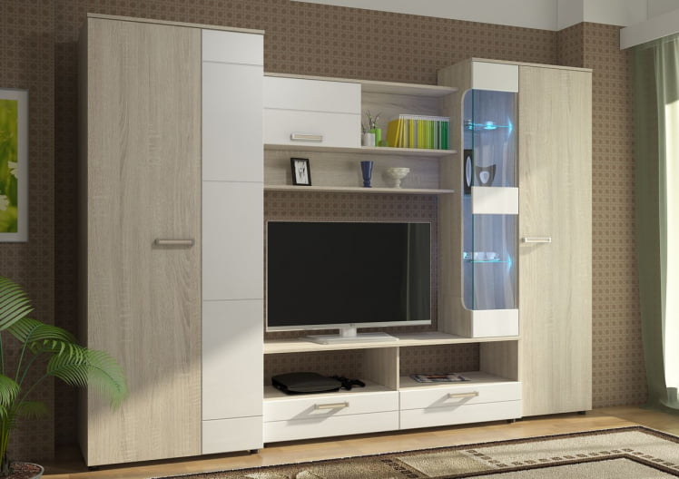 Стенка Флоренция 5 Белый глянец/Дуб сонома светлый_2