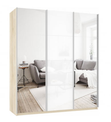 Шкаф-купе трехдверный Прайм 2100 Зеркало/Белое стекло/Зеркало Дуб сонома_0