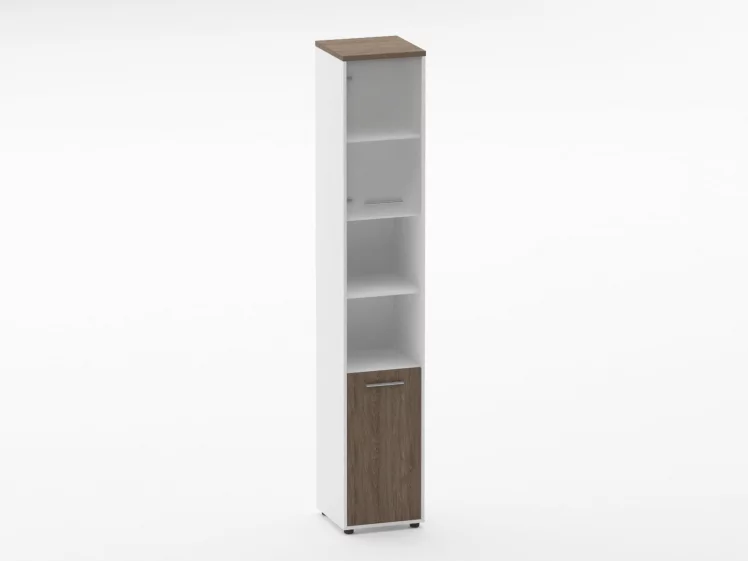 Шкаф 5 узкий верх стеклянная дверь, низ закрытый, две полки открытые Deka 10.23.19Л Дуб Верцаска/Белый_0