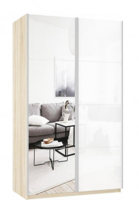 Шкаф-купе двухдверный Прайм 1400 Зеркало/Белое стекло Дуб сонома_0