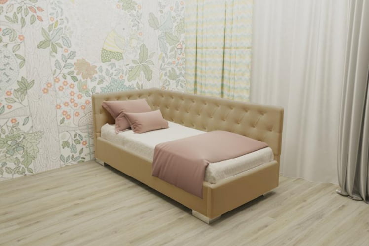 ДЕТСКАЯ МЯГКАЯ ИНТЕРЬЕРНАЯ КРОВАТЬ ВЕРСАЛЬ С ОРТОПЕДИЧЕСКИМ ОСНОВАНИЕМ (BERHOUSE) Цвет фасада: Светло коричневый; Материал фасада: Металл/Велюр; Спальное место: 900х1900_0