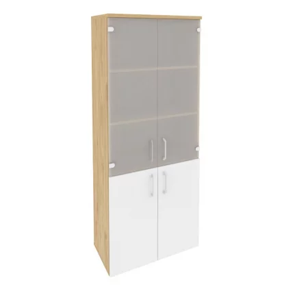 Шкаф высокий широкий (2 низких фасада ЛДСП + 2 средних фасада стекло) ONIX O.ST-1.2 Тиквуд Светлый/Белый_0