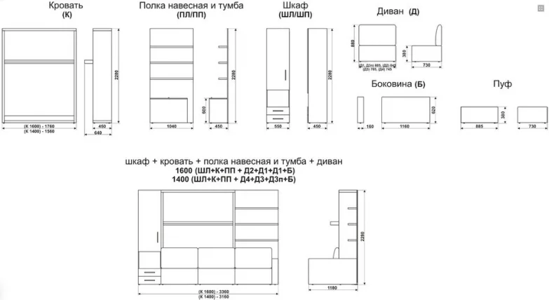 Шкаф-диван-кровать Смарт 1 правый с полкой и пуфом 1600 Дуб молочный_2