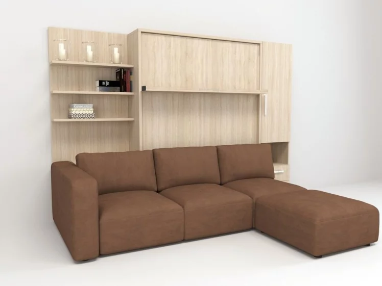 Шкаф-диван-кровать Смарт 1 правый с полкой и пуфом 1400 Белая шагрень_0