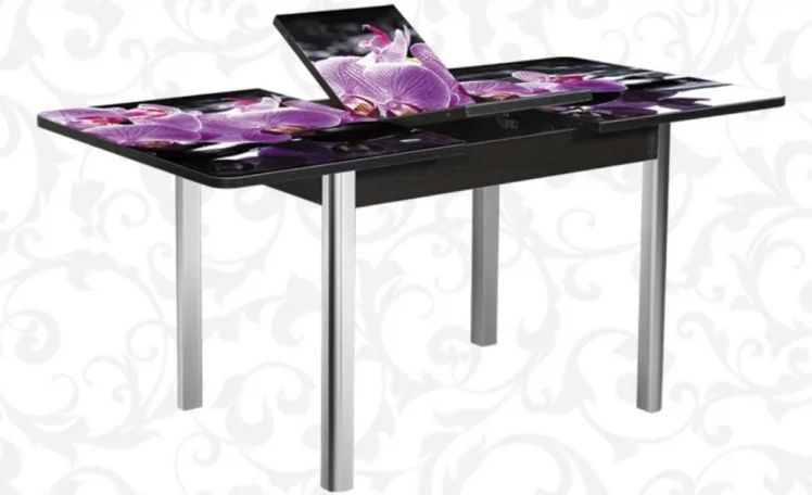 Стол раздвижной 1,55 Победа, СТЕКЛО, опоры полуовал ХРОМ, Венге/R045_0