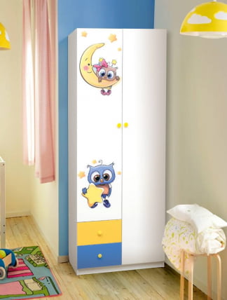 Шкаф 2-х дверный с ящиками и фотопечатью Совята 2.1 Белый/Ярко-розовый/Светло-розовый_0