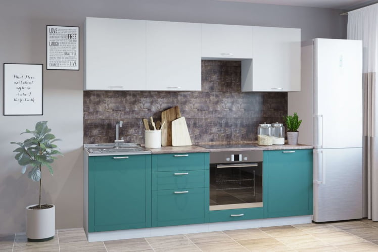 Гарнитур кухонный 2400 (накладная мойка) белый грунт/супермат бирюза_0