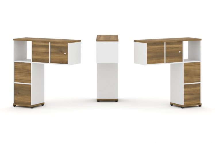 Надставка на стол низкая двухсторонняя + задняя стенка (4 шт.) + блок с 2-мя ящиками (2 шт.) + распашной фасад (2 шт.) CОНCЕПТ CН.ДНН-004 Сандал Янтарный Белый бриллиант Черный металл / CONCEPT CN.DNN-004_0