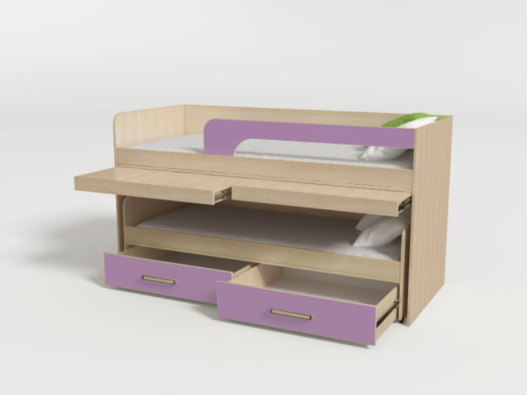 Кровать 2х ярусная №11 с ящиками и столами Дуб молочный/Лиловый_0