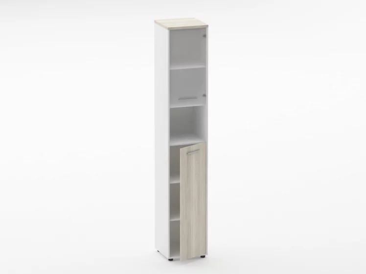 Шкаф 5 узкий верх стеклянная дверь, низ закрытый, с нишей Deka 10.23.20Пр Дуб Сантана светлый/Белый_1